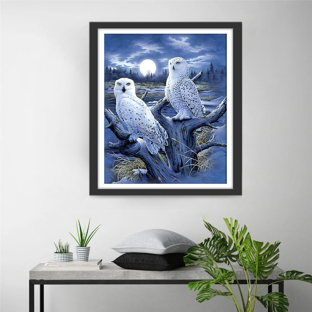 De Witte Uilen in de Boom op een Maanverlichte Nacht Diamond Painting