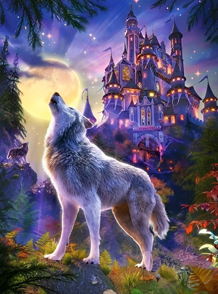 De Wolf als Wachter in het Magische Kasteellandschap Diamond Painting