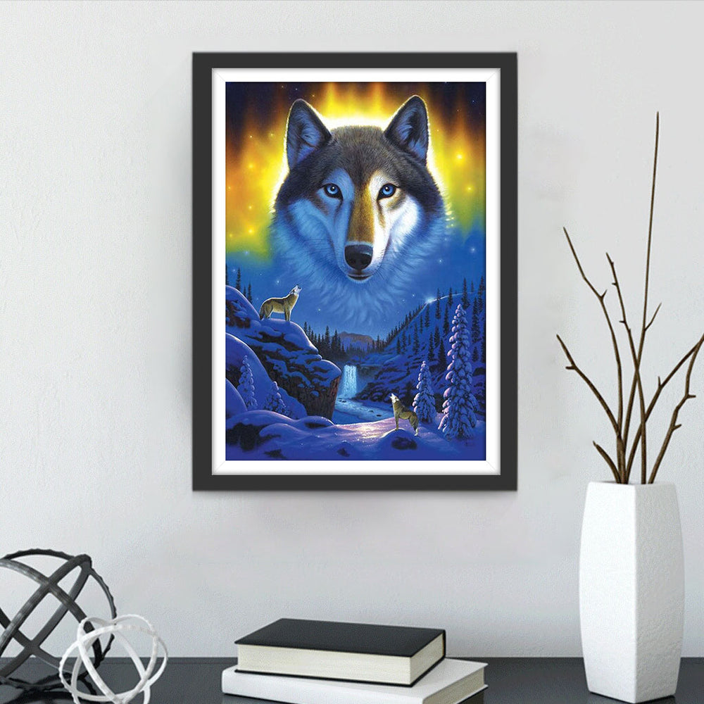 De Wolven Huilen met een Wolf op de Achtergrond Diamond Painting