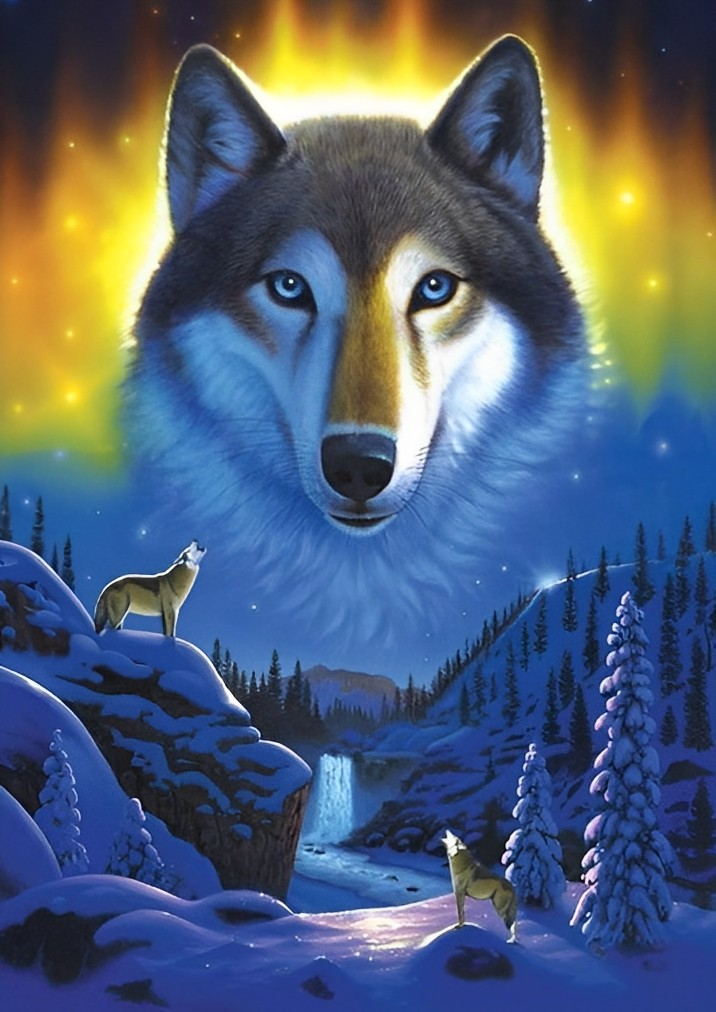 De Wolven Huilen met een Wolf op de Achtergrond Diamond Painting