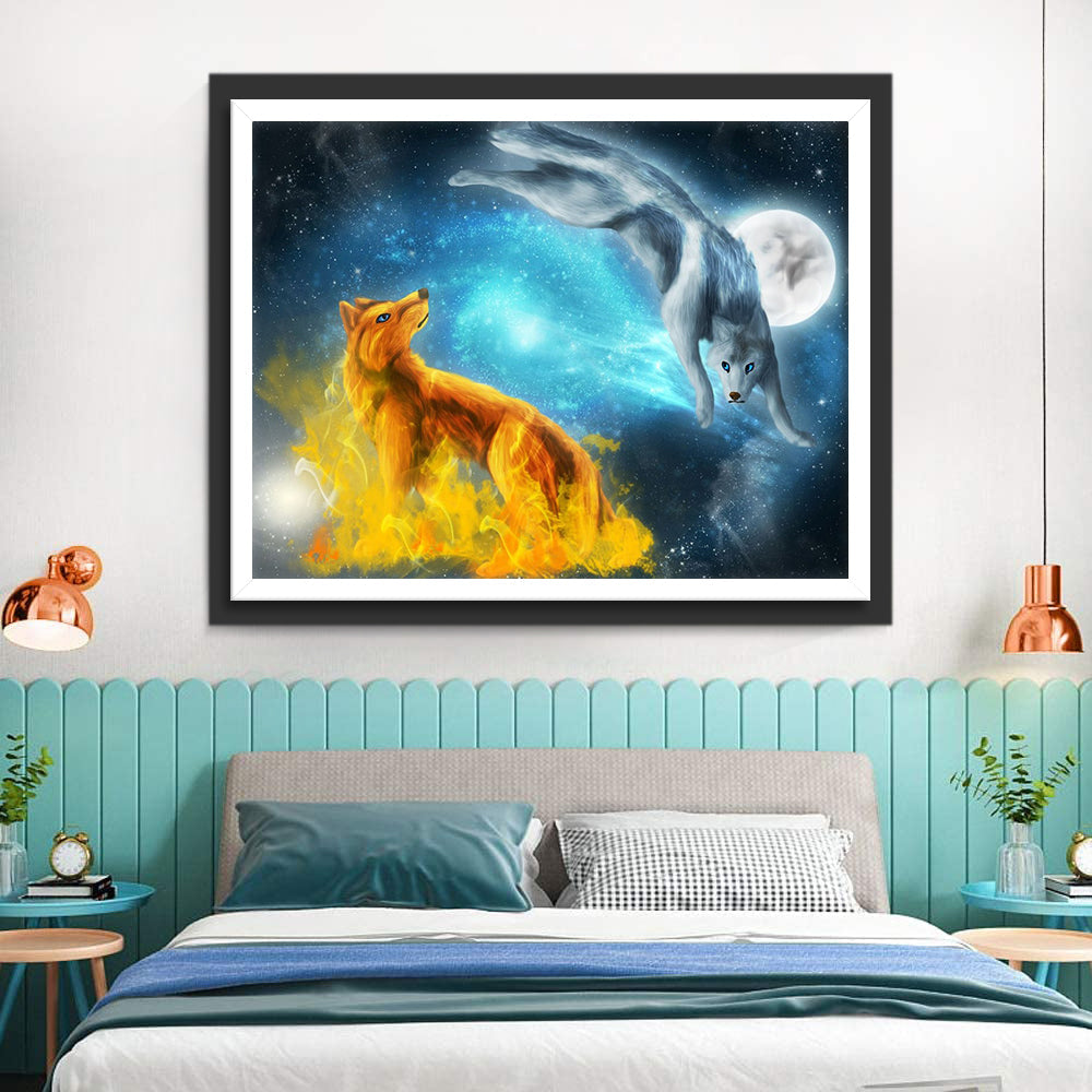 De Wolven van Ijs en Vuur in het Maanlicht Diamond Painting