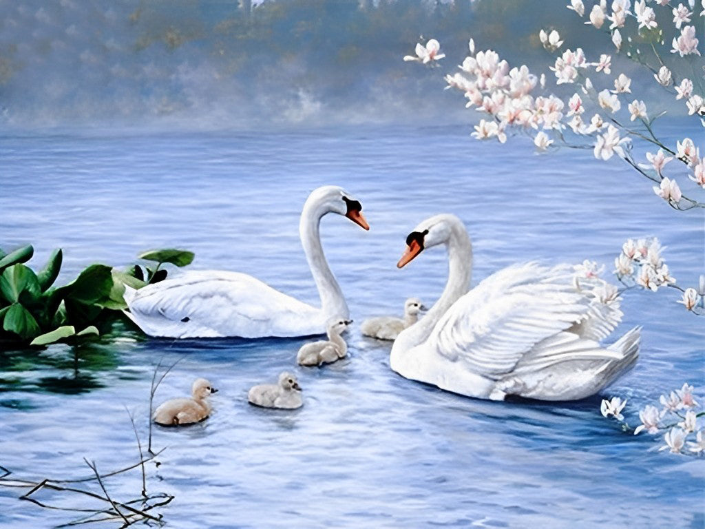De Zwanen onder de Witbloemige Boom Diamond Painting