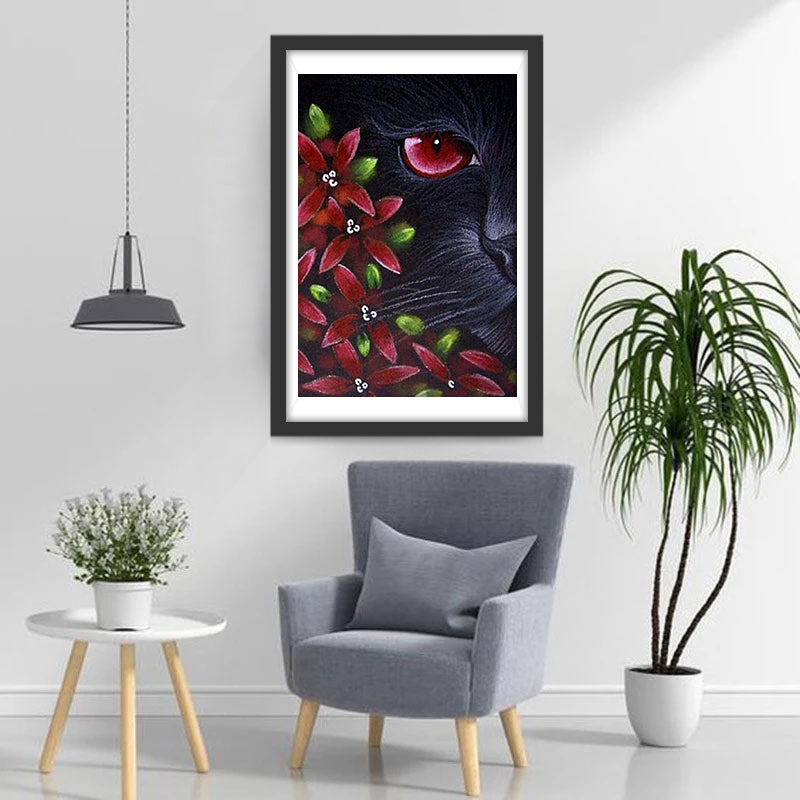 De Zwarte Kat naast de Rode Bloemen Diamond Painting