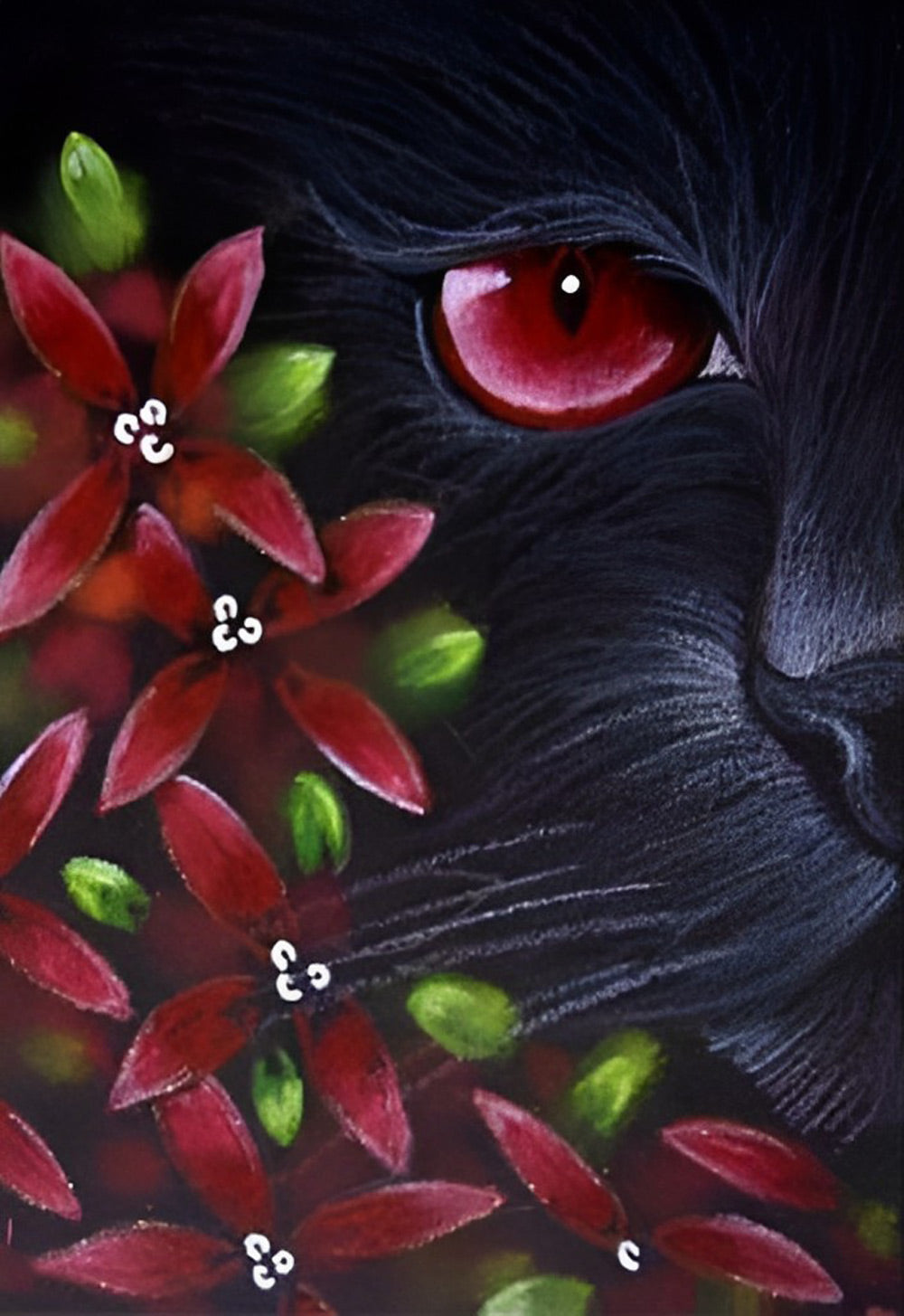 De Zwarte Kat naast de Rode Bloemen Diamond Painting