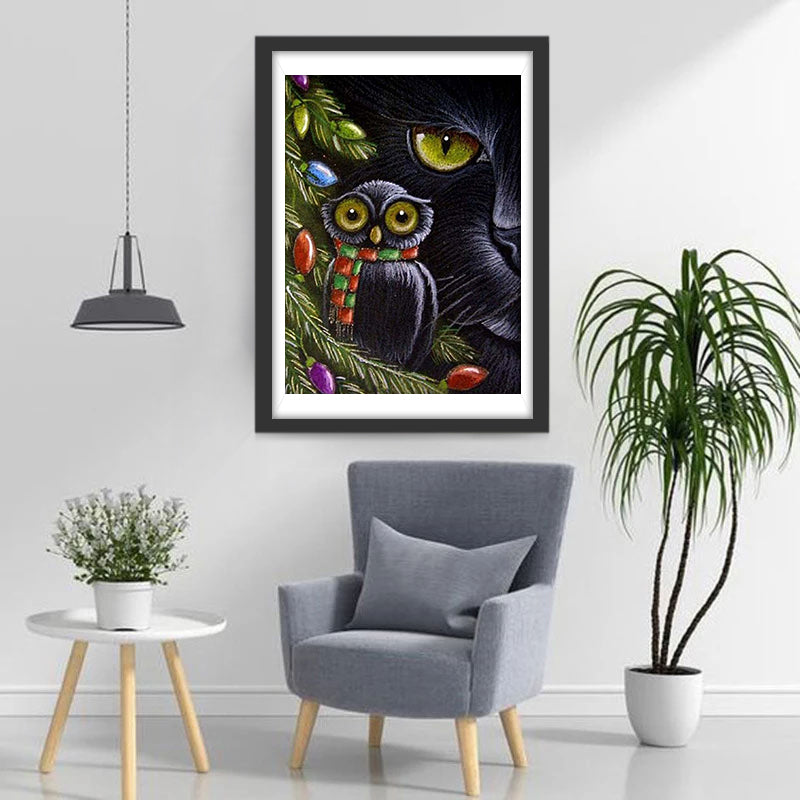 De Zwarte Uil op de Boom en de Kat Diamond Painting
