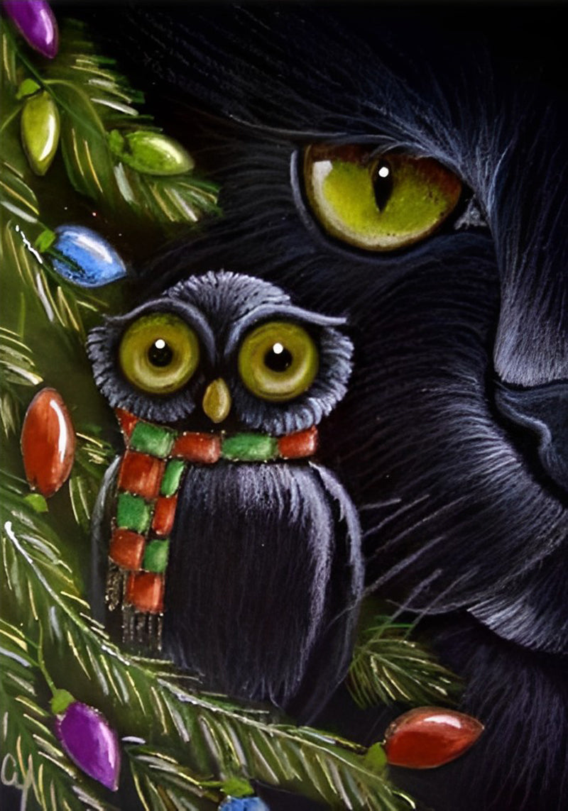 De Zwarte Uil op de Boom en de Kat Diamond Painting
