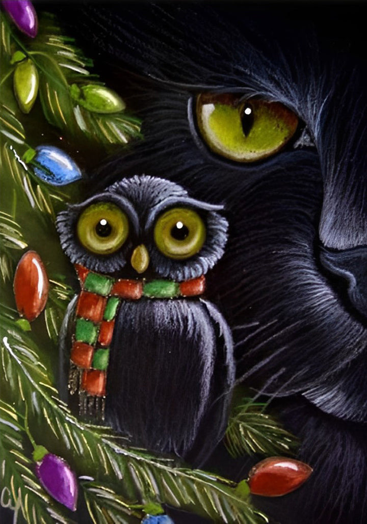 De Zwarte Uil op de Boom en de Kat Diamond Painting