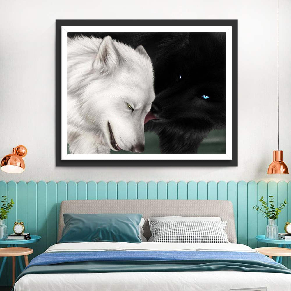 De Zwarte Wolf Likt de Witte Wolf Diamond Painting