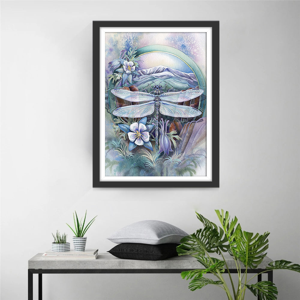 Decoratie Bergen op de Achtergrond, Libellen op Bloemen Diamond Painting