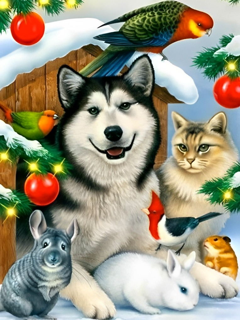 Dieren bij Kerstversiering Diamond Painting