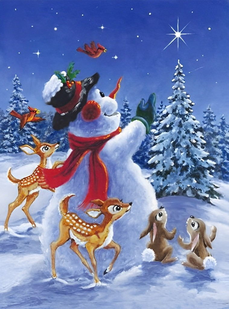 Dieren en Sneeuwman in de Sterrennacht Diamond Painting