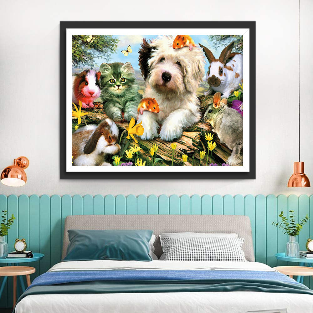 Dieren en Vlinders in Gele Bloemen Diamond Painting