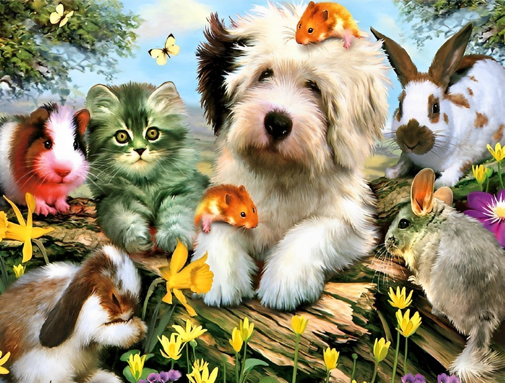Dieren en Vlinders in Gele Bloemen Diamond Painting