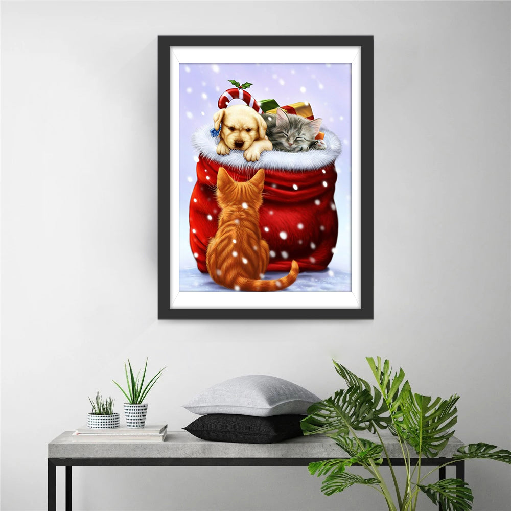 Dieren in Kerstzak Diamond Painting
