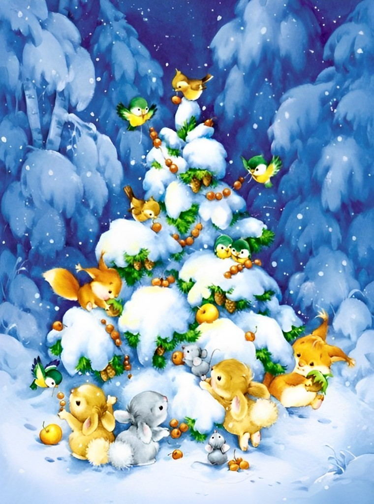 Dieren Rond Kerstboom in Sneeuwbos Diamond Painting