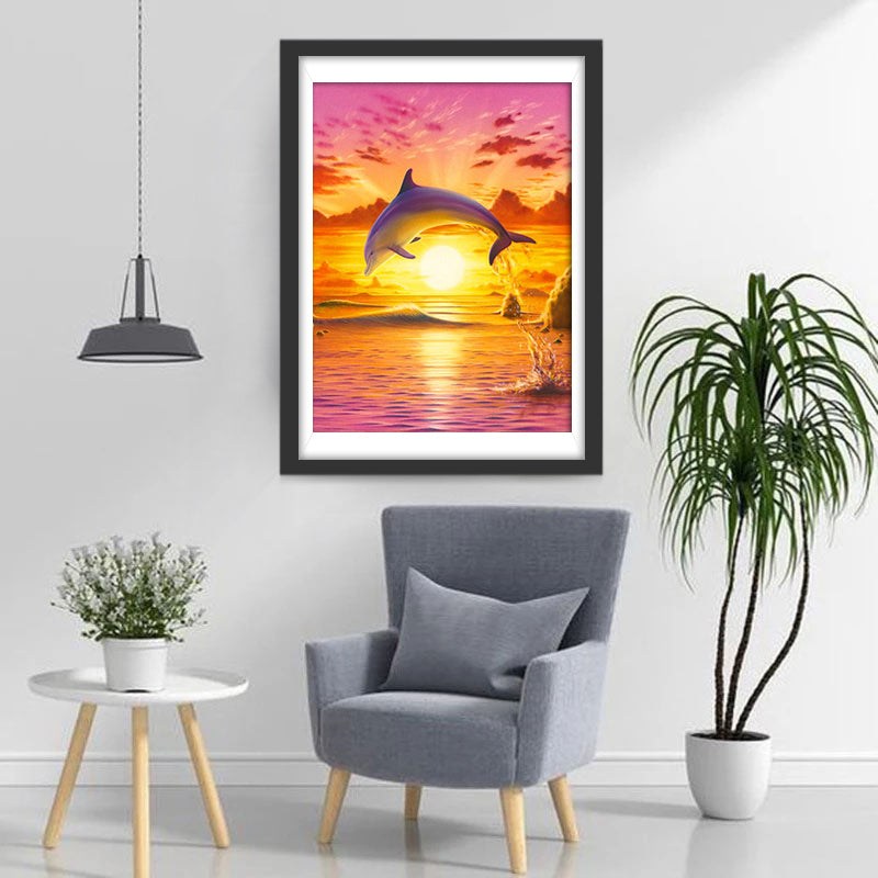 Dolfijn Springt uit de Zee in de Avondzon Diamond Painting