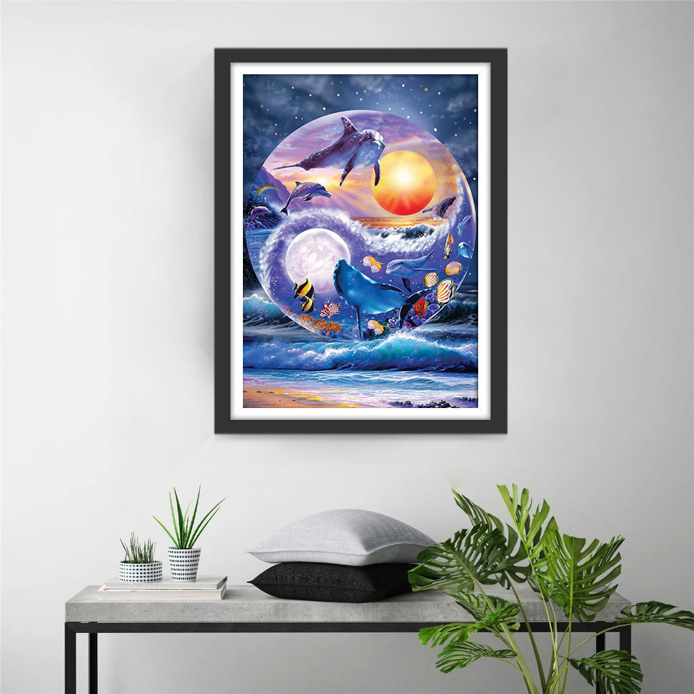 Dolfijnen en Vissen in de Zee in een Glazen Bol Diamond Painting