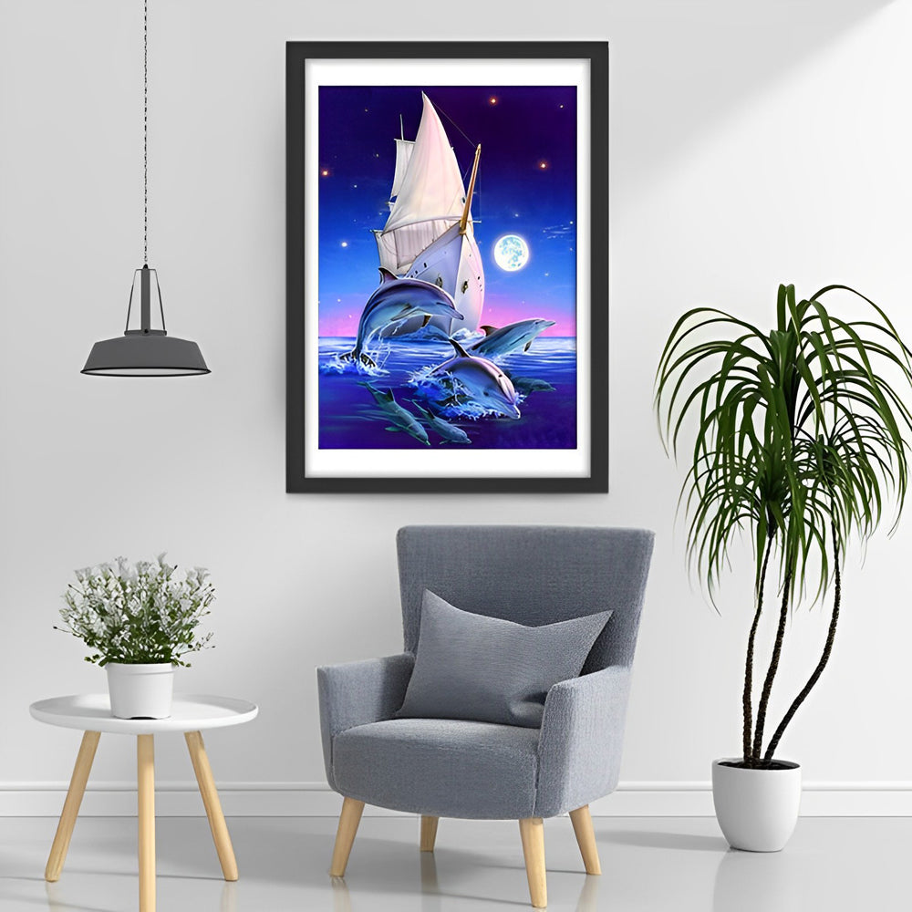 Dolfijnen en Zeilschip in de Nacht Diamond Painting
