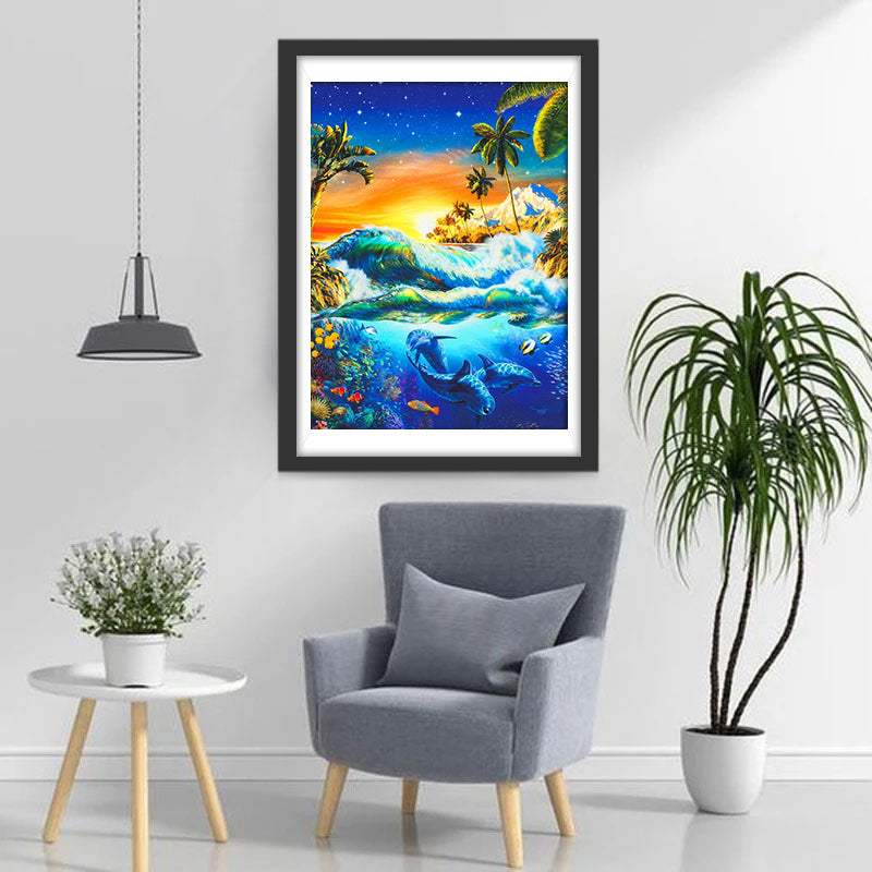 Dolfijnen in de Prachtige Zee bij Zonsondergang Diamond Painting