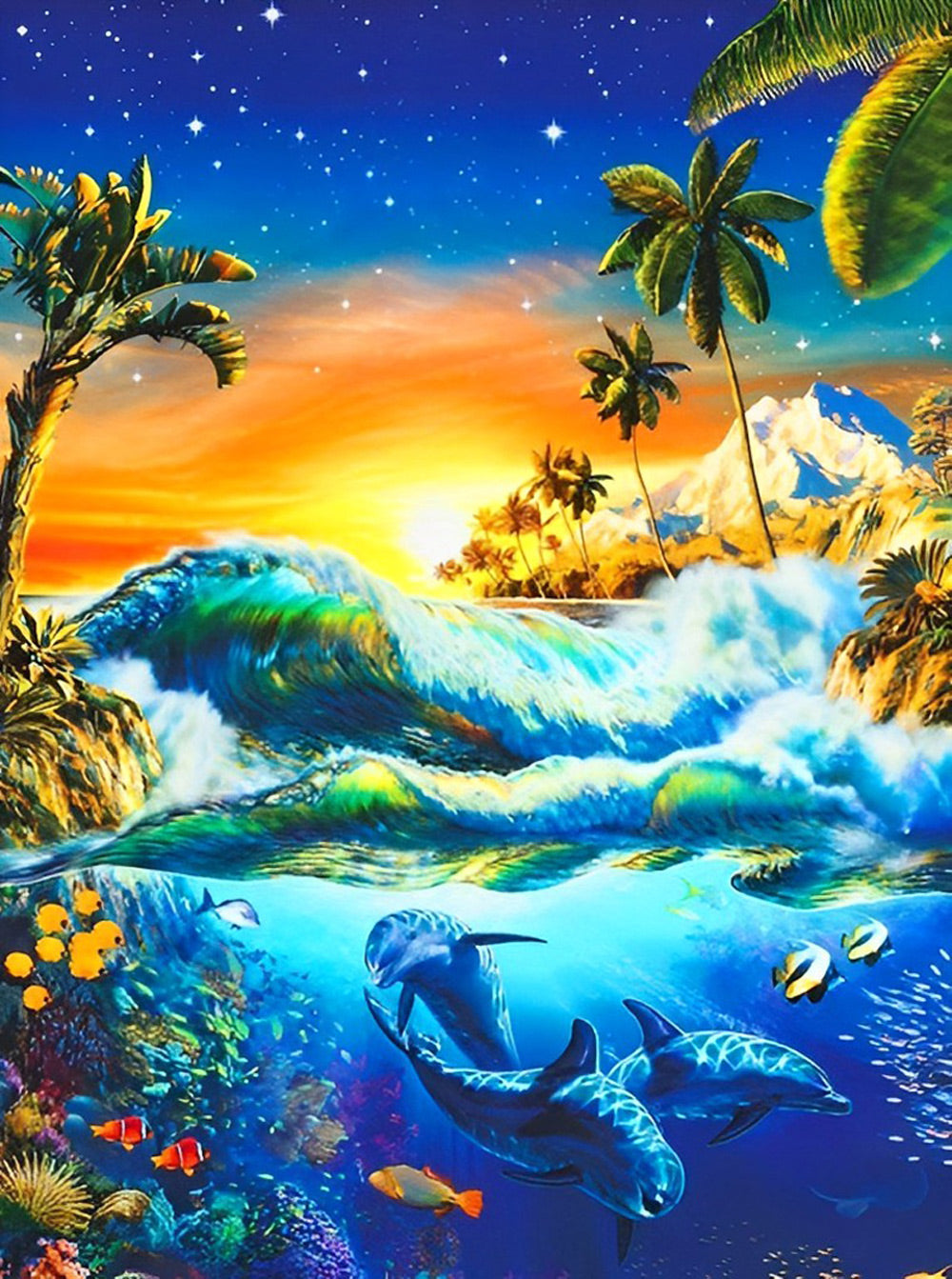 Dolfijnen in de Prachtige Zee bij Zonsondergang Diamond Painting