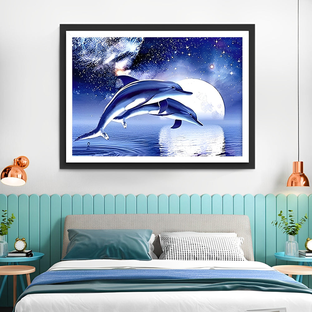 Dolfijnen in de Zee onder Volle Maan Diamond Painting