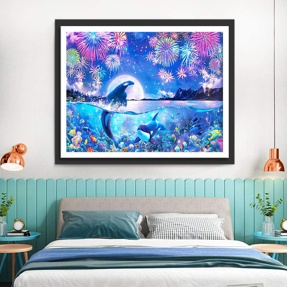 Dolfijnen onder het Schitterende Vuurwerk Diamond Painting
