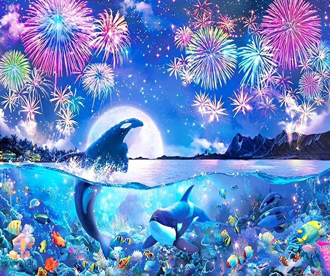 Dolfijnen onder het Schitterende Vuurwerk Diamond Painting