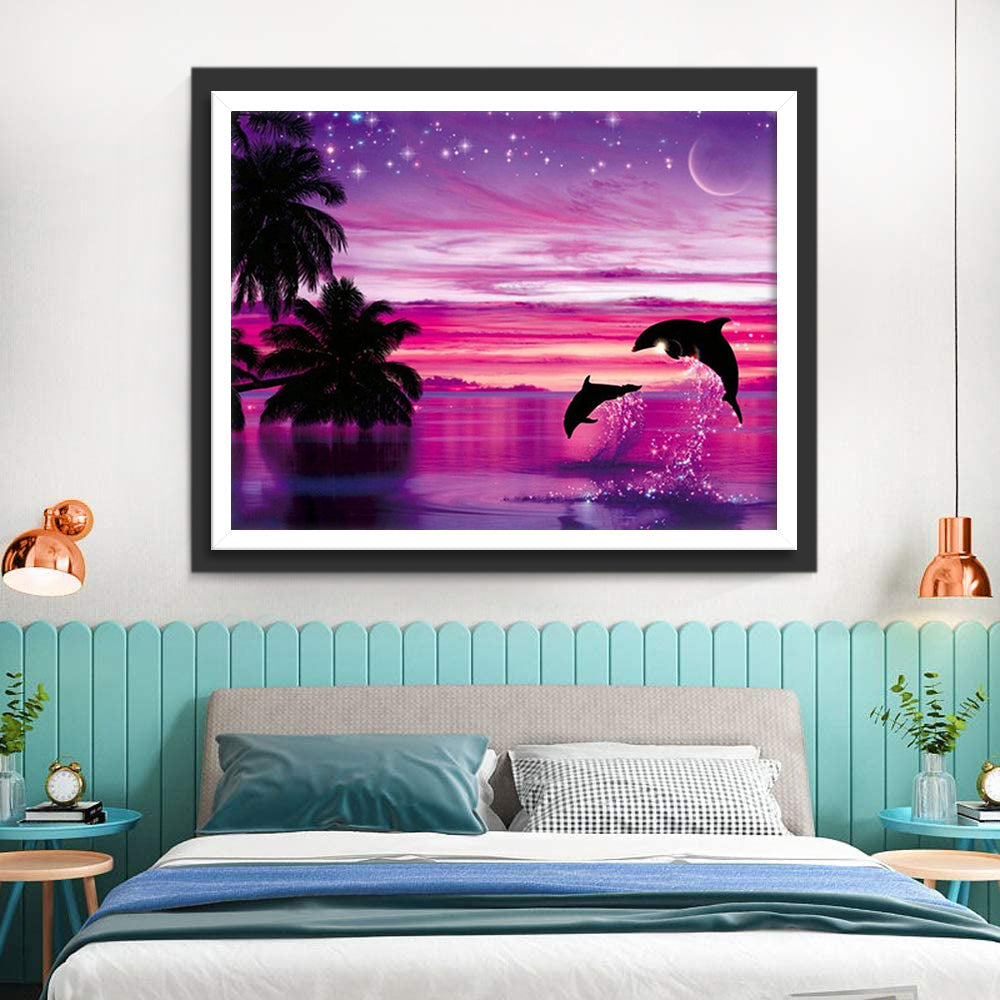 Dolfijnen Springen uit de Zee in de Prachtige Avondzon Diamond Painting