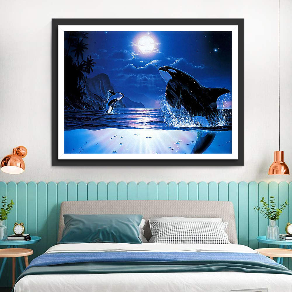 Dolfijnen Springen uit de Zee tijdens Volle Maan Diamond Painting
