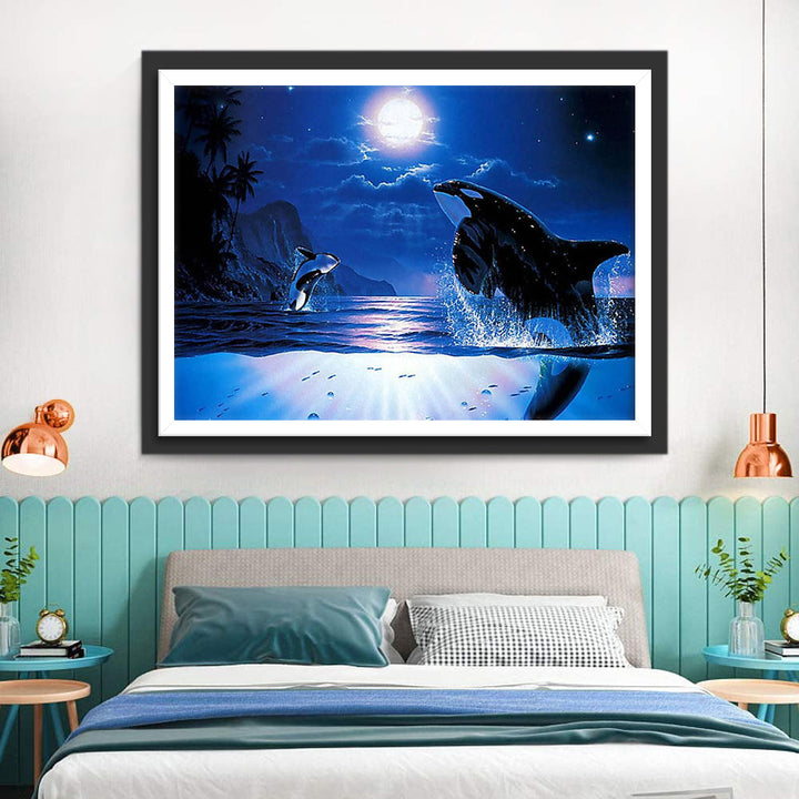 Dolfijnen Springen uit de Zee tijdens Volle Maan Diamond Painting