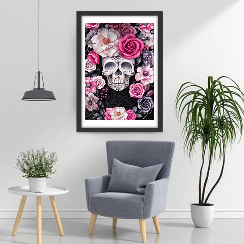 Doodskop met Rozen en Bloemen in een Uniek, Betoverend Tafereel Diamond Painting