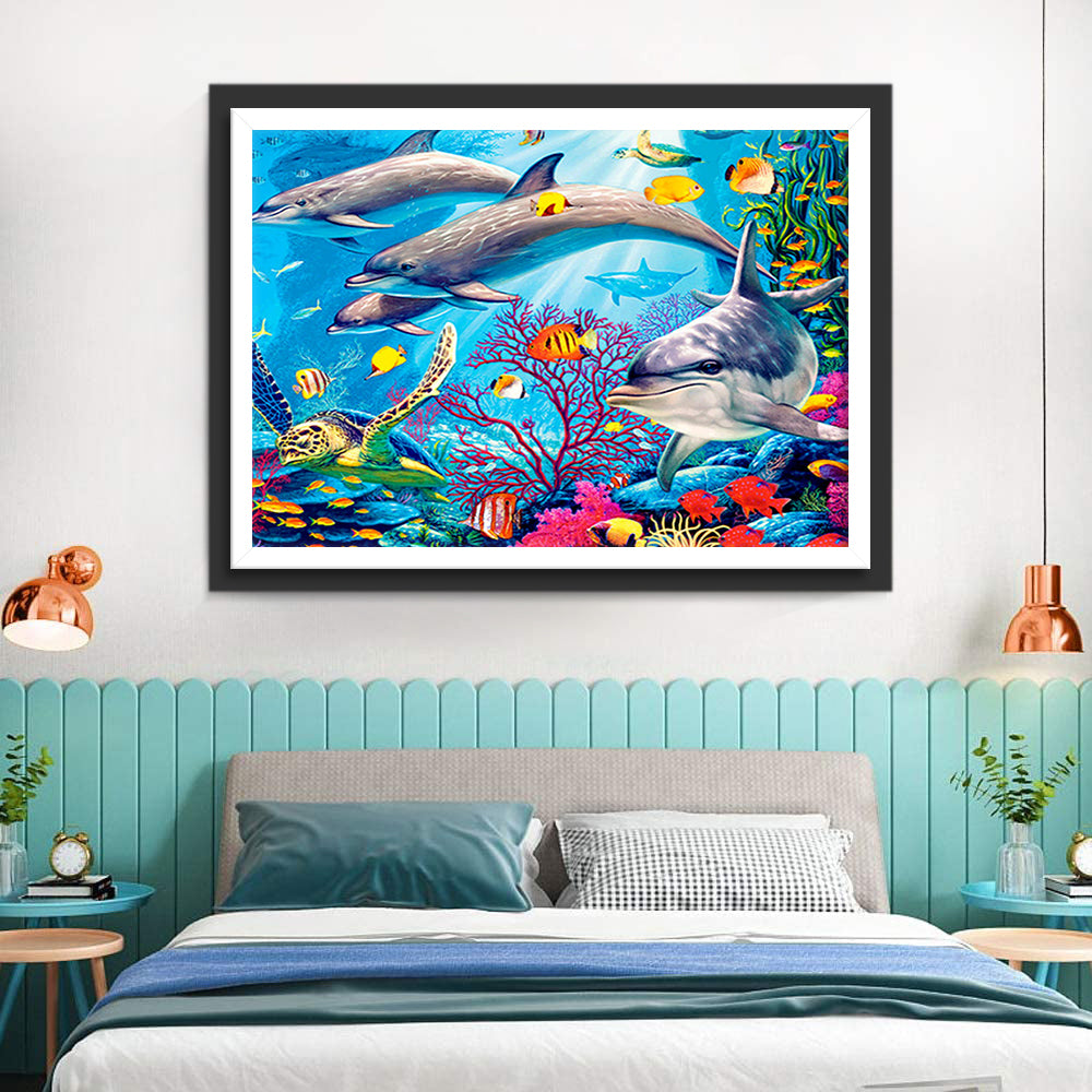 Drie Dolfijnen en Zeedieren Diamond Painting