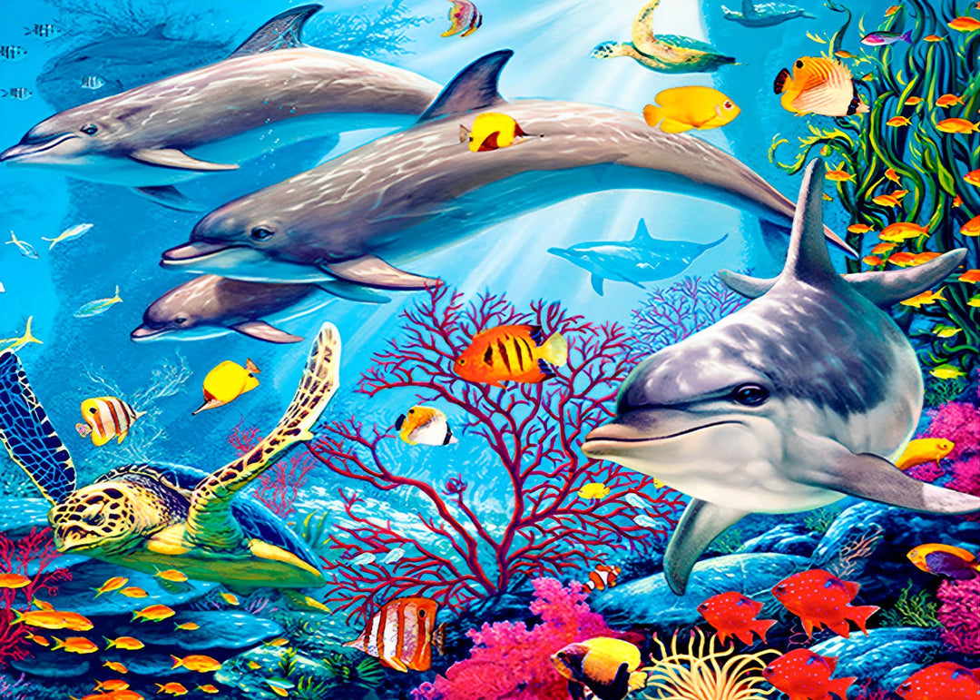 Drie Dolfijnen en Zeedieren Diamond Painting