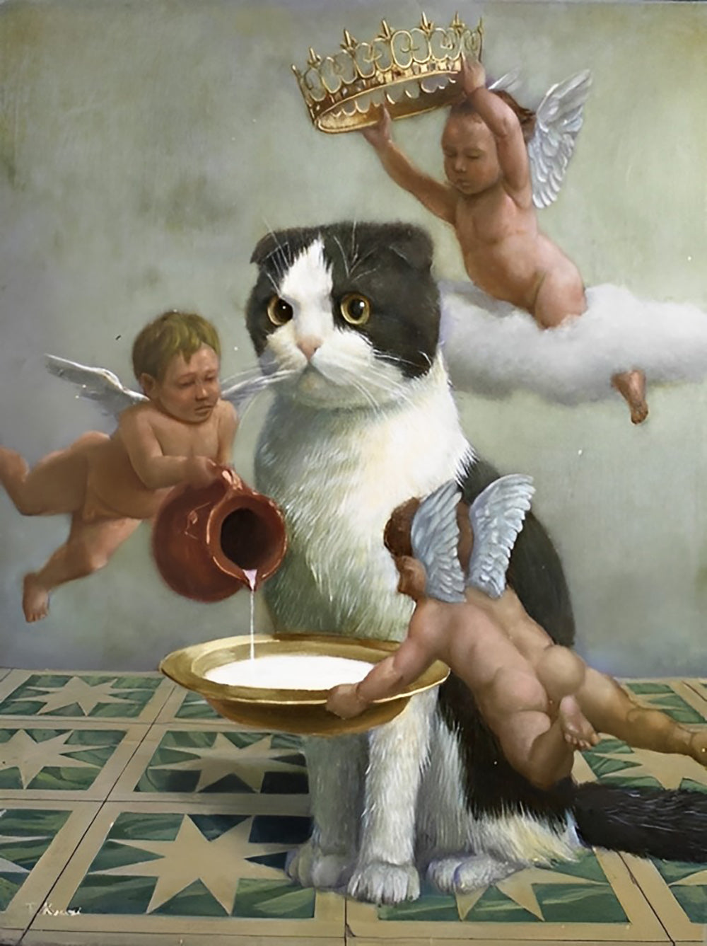 Drie Engelen Poetsen de tanden van de Kat Diamond Painting