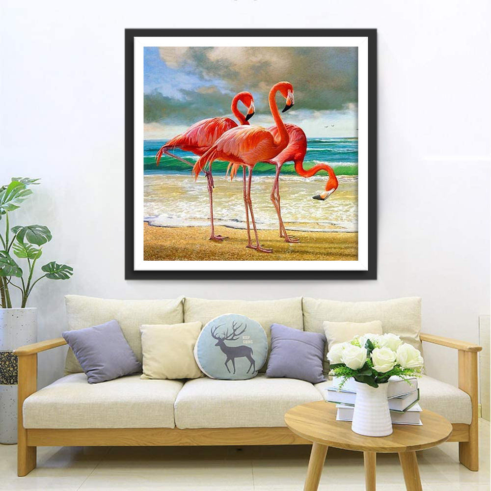 Drie Flamingo's op het Strand Diamond Painting