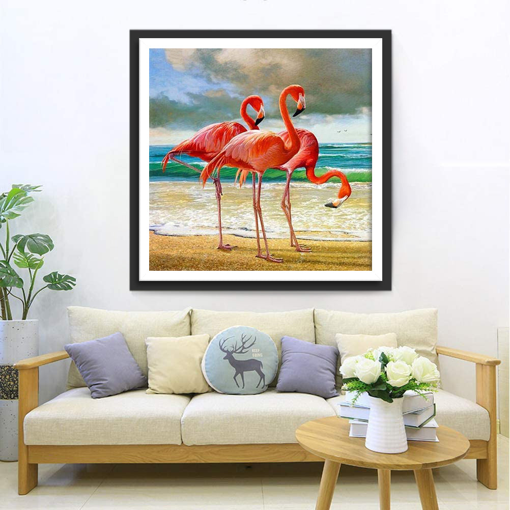 Drie Flamingo's op het Strand Diamond Painting