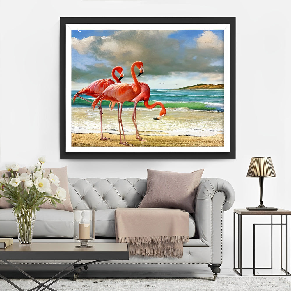Drie Flamingo's op het Strand Diamond Painting