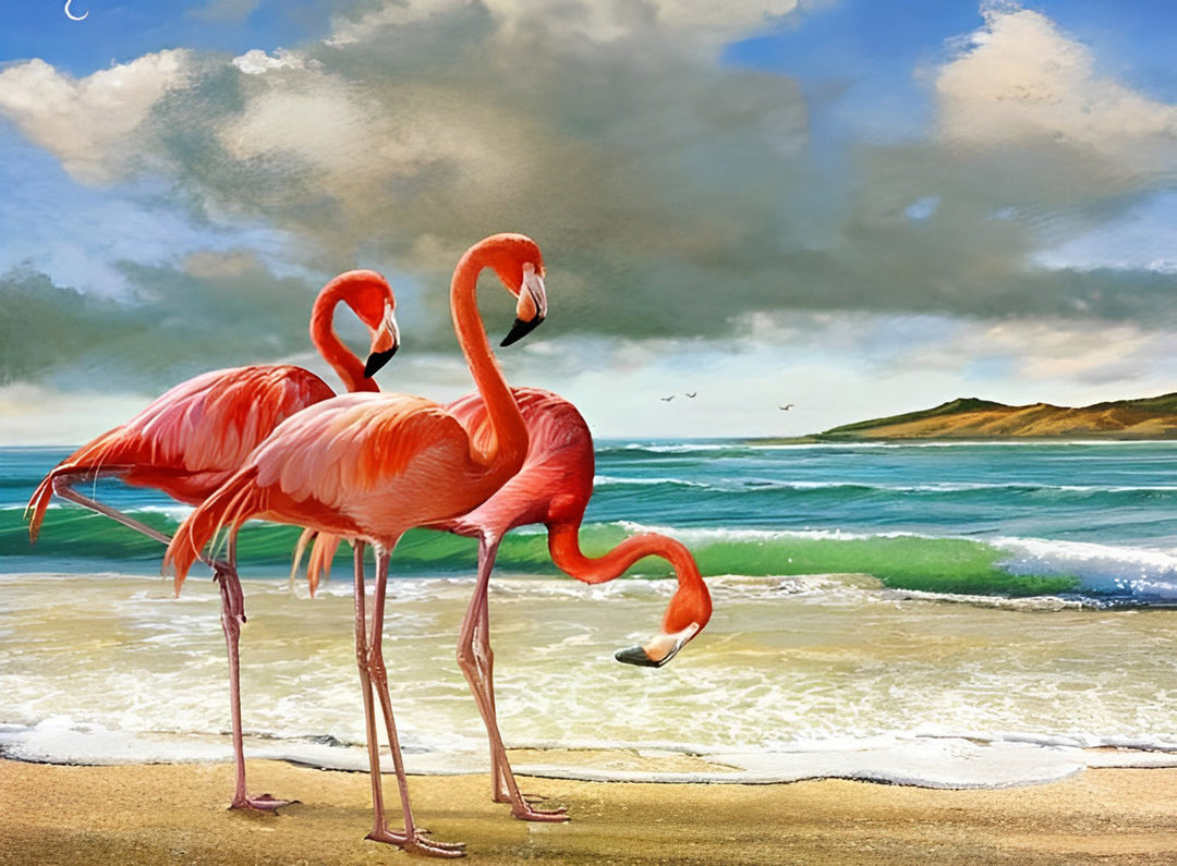 Drie Flamingo's op het Strand Diamond Painting