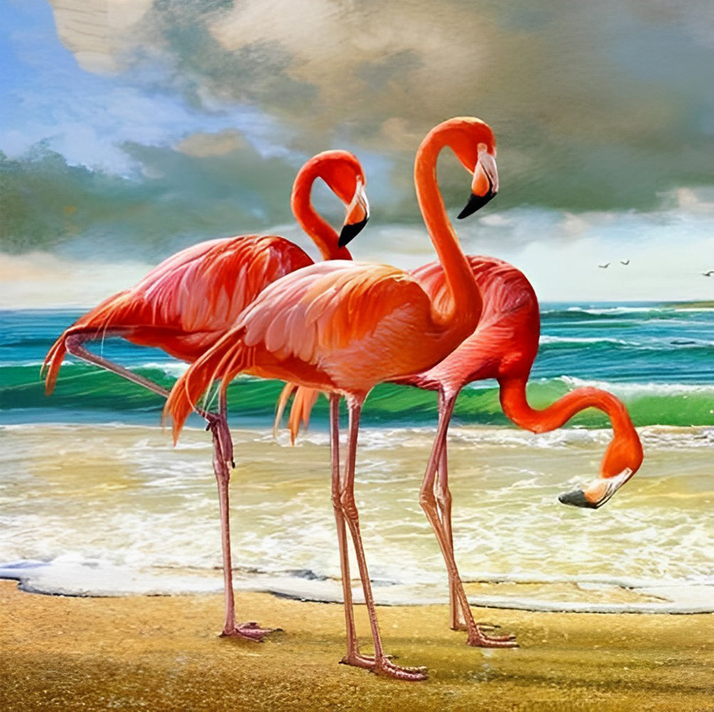 Drie Flamingo's op het Strand Diamond Painting