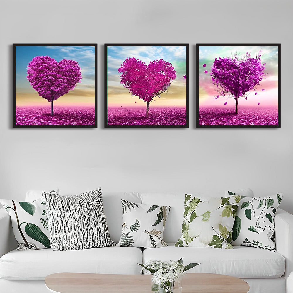 Drie Hartvormige Bomen in Roze 3 Platen Diamond Painting