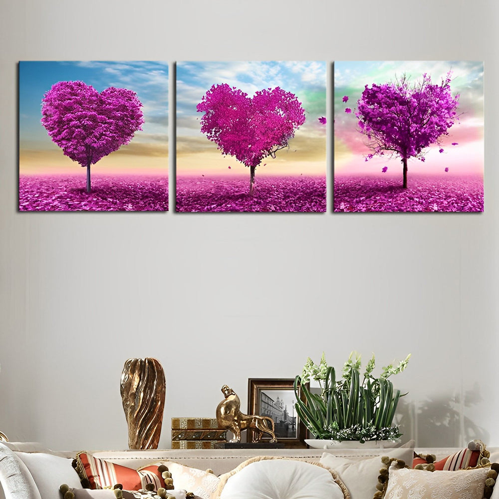 Drie Hartvormige Bomen in Roze 3 Platen Diamond Painting