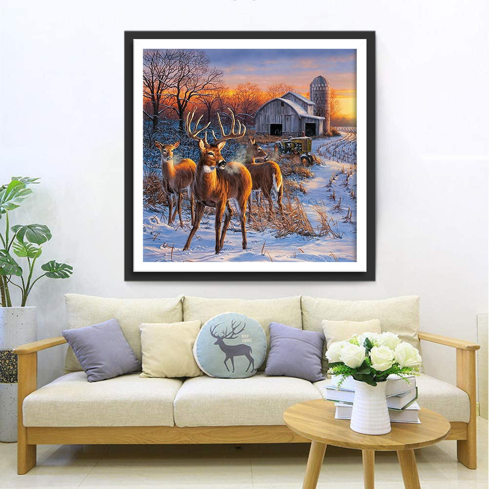 Drie Herten naast een Boerderij in de Sneeuw Diamond Painting