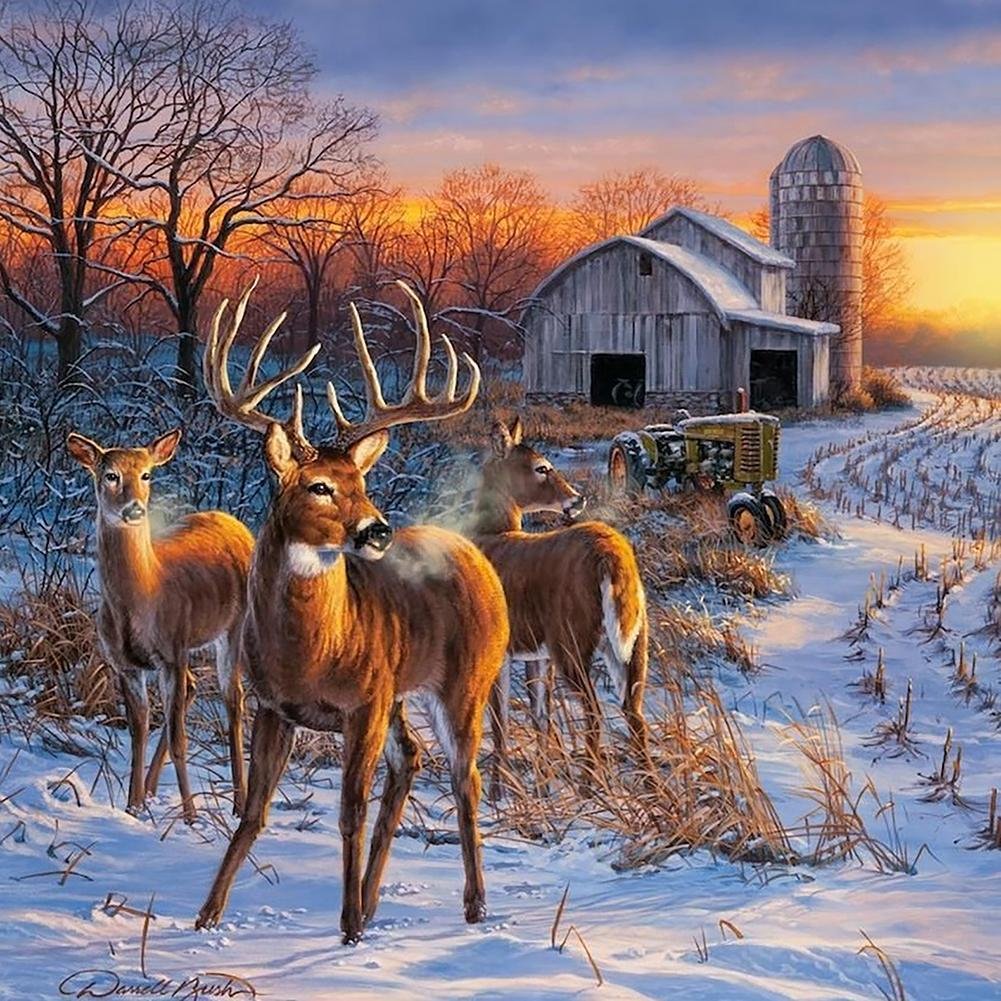 Drie Herten naast een Boerderij in de Sneeuw Diamond Painting