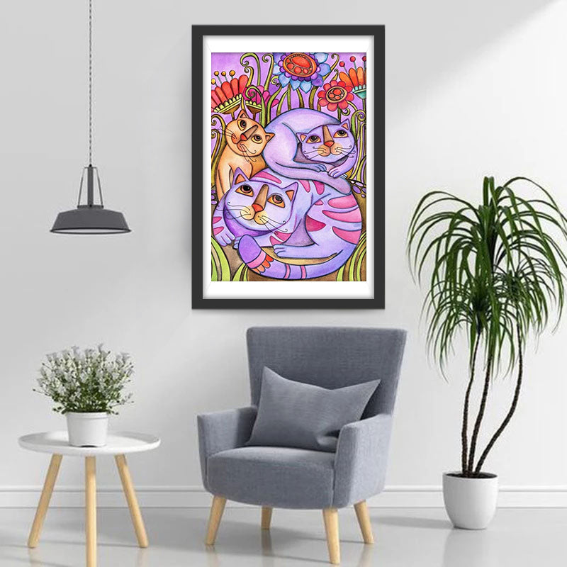 Drie Katten in de Struiken Diamond Painting