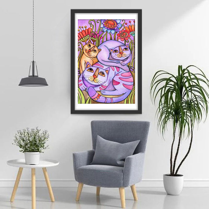 Drie Katten in de Struiken Diamond Painting