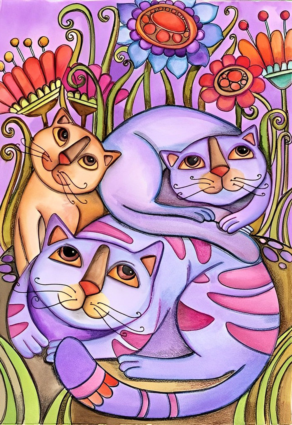 Drie Katten in de Struiken Diamond Painting