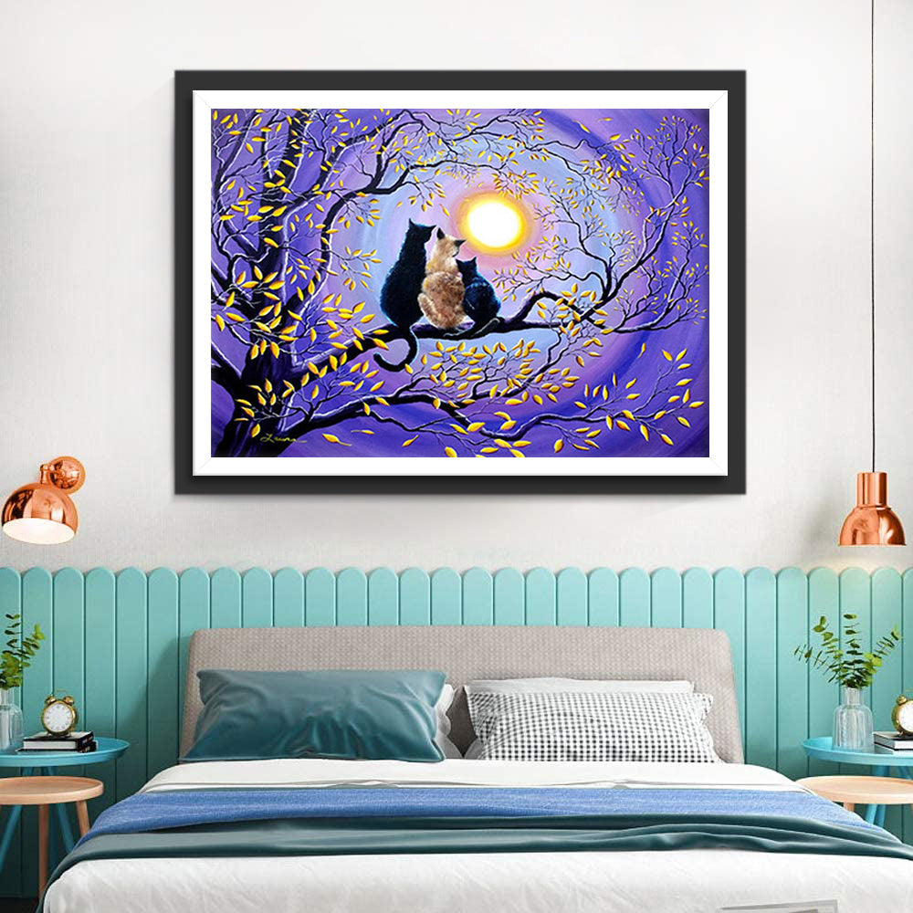 Drie Katten in een Boom Kijken naar de Maan Diamond Painting