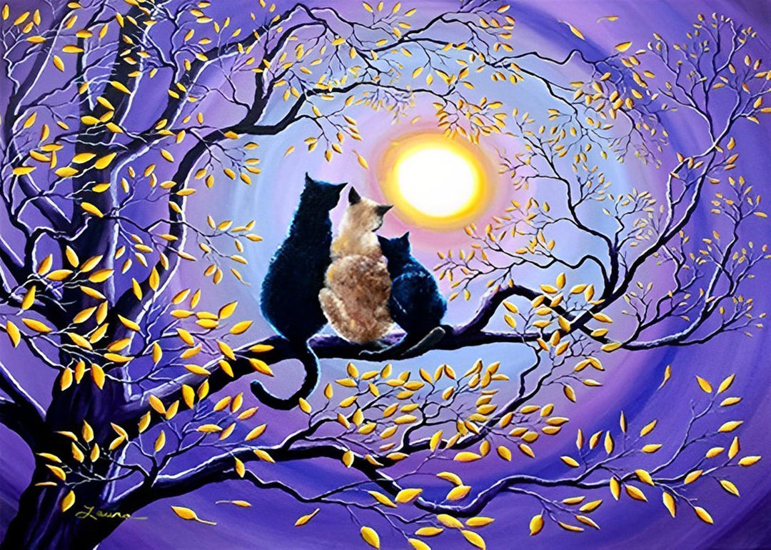 Drie Katten in een Boom Kijken naar de Maan Diamond Painting