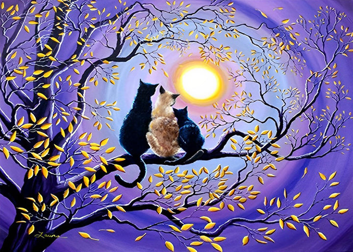 Drie Katten in een Boom Kijken naar de Maan Diamond Painting