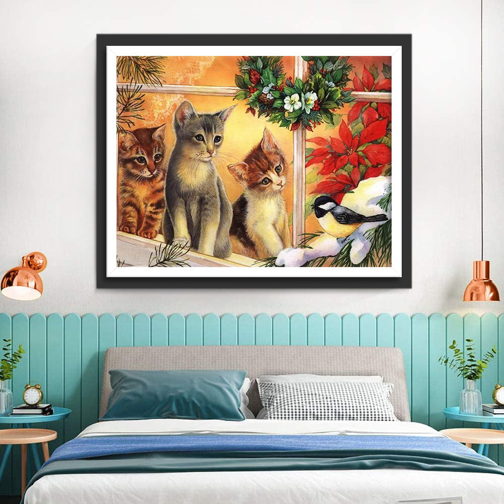 Drie Katten op de Vensterbank Diamond Painting